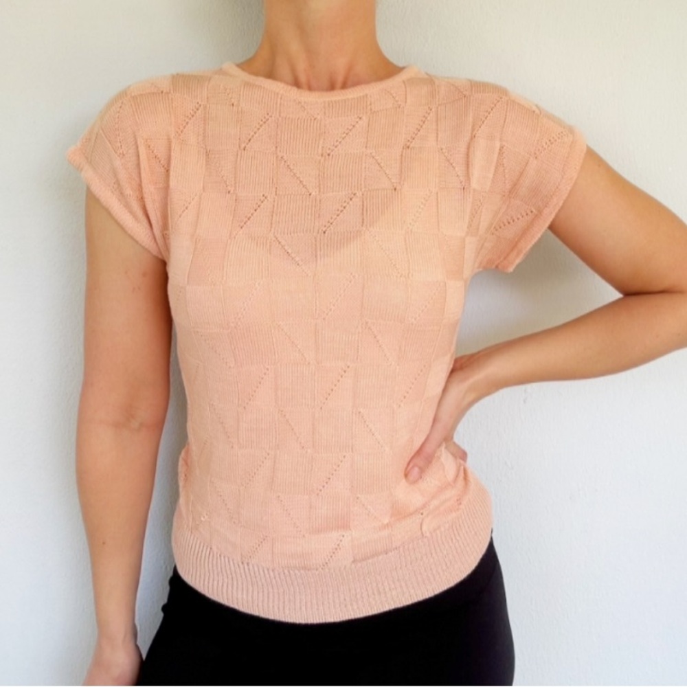 Vintage Haberdashery peach textured check knit short sleeve sweater top medium